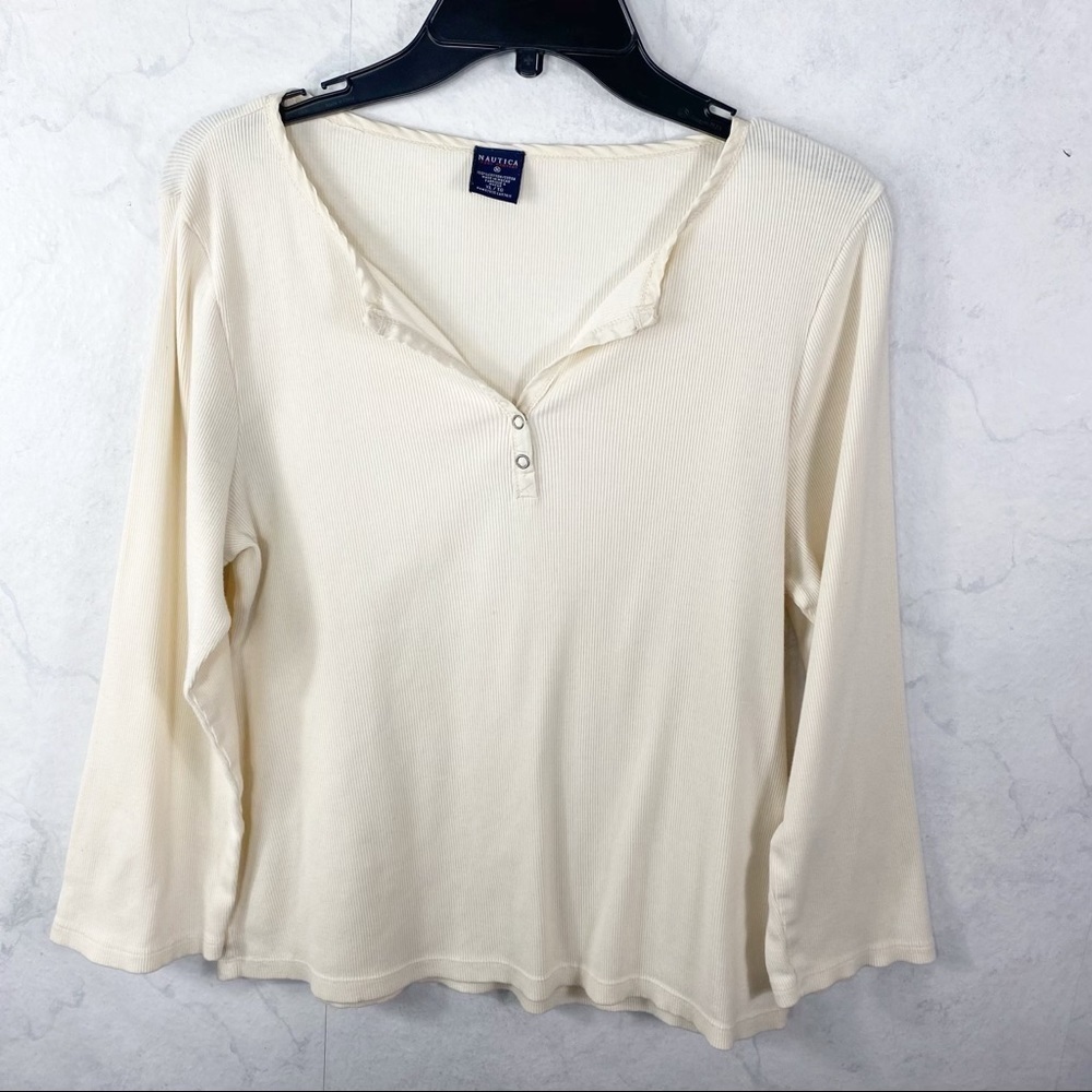 [Nautica] Cream Ribbed Button Placket Tee